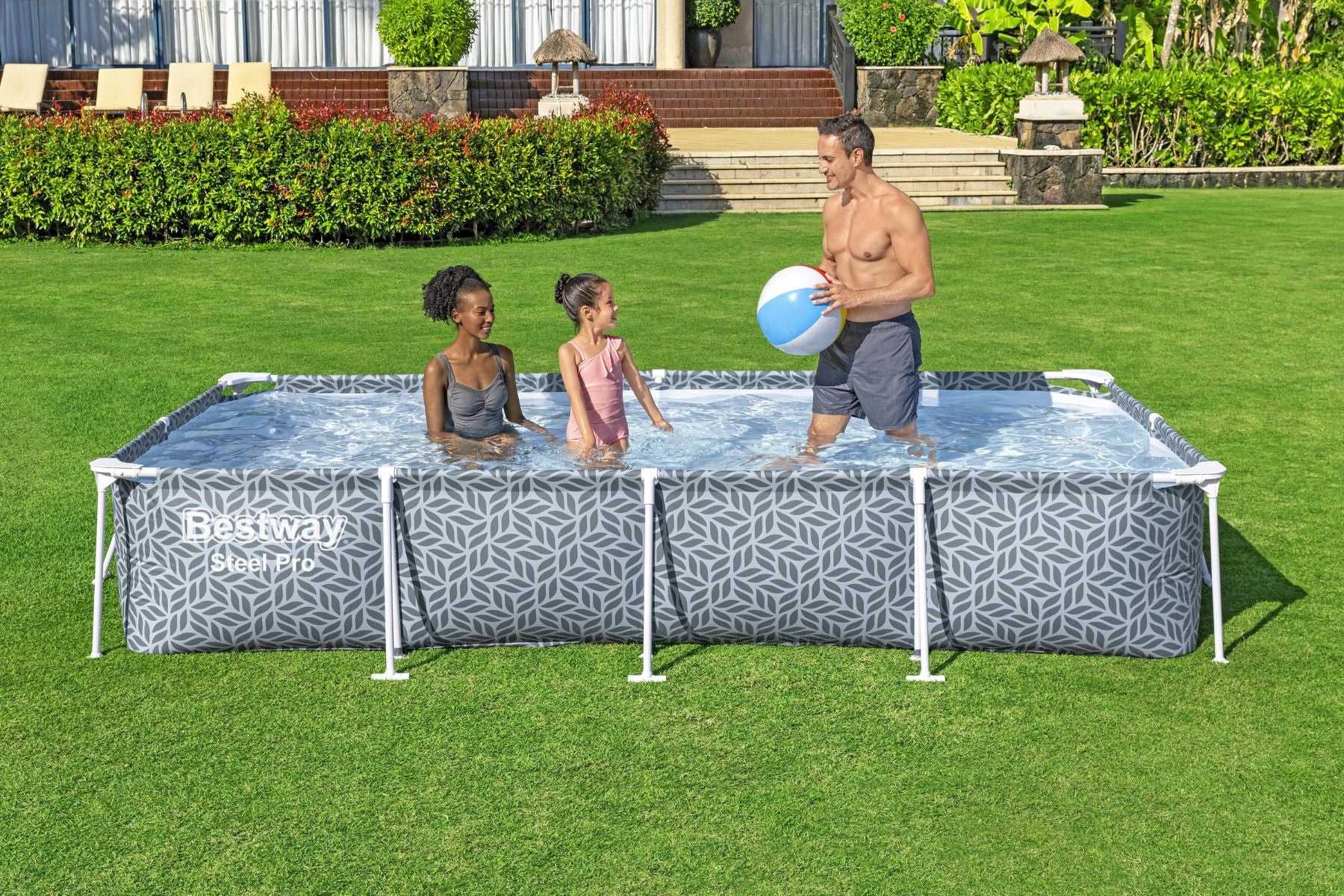 12ft x  26in Leaf Print Rectangle Steel Pro Above Ground Pool Set