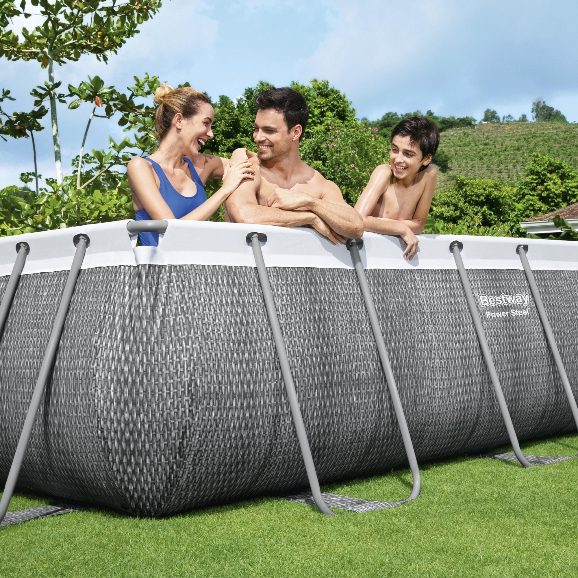 13.3ft x 39.5inch Rattan Print Rectangle Power Steel Above Ground Pool Set - Outlet