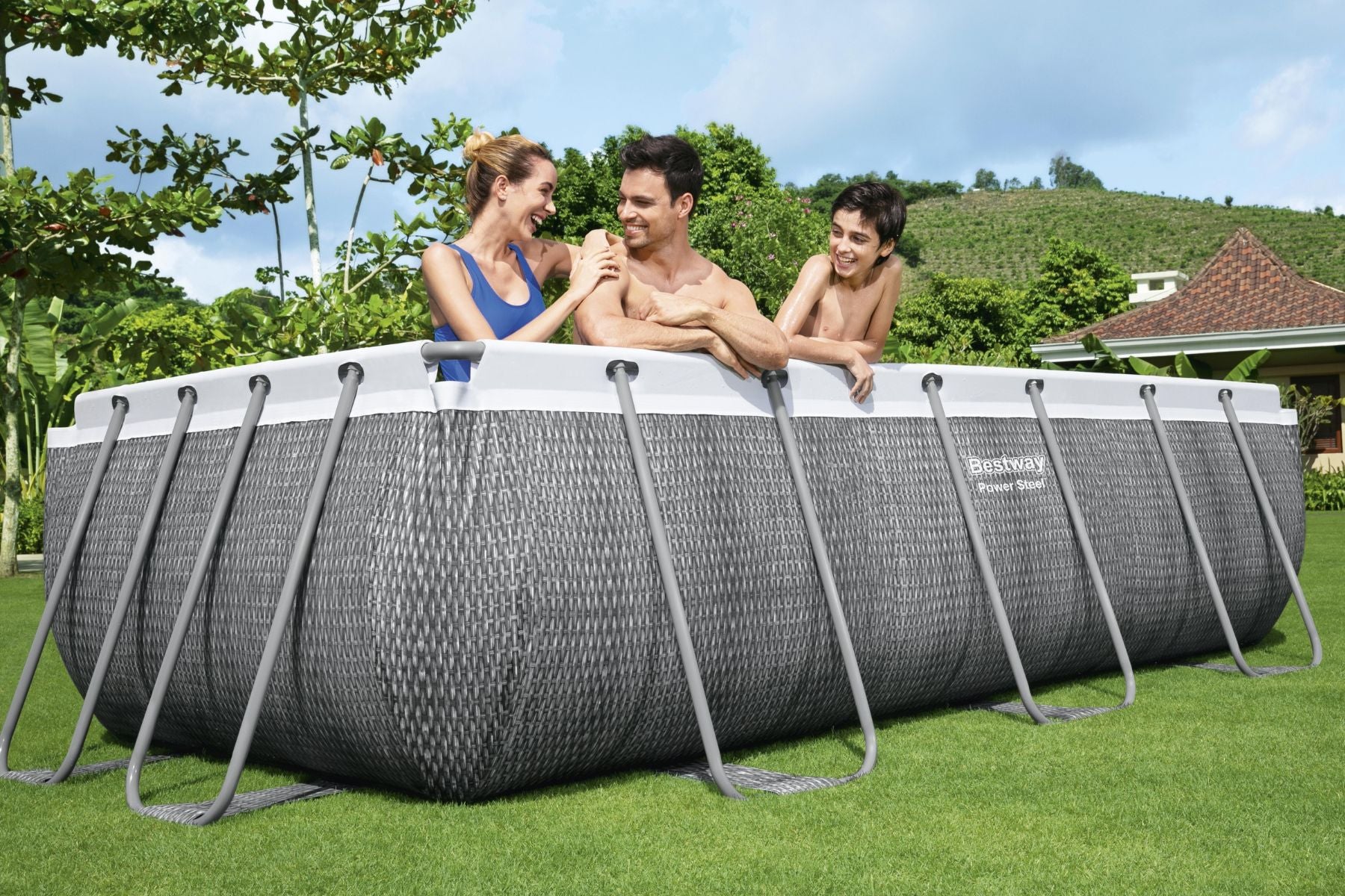 13.3ft x 39.5inch Rattan Print Rectangle Power Steel Above Ground Pool Set - Outlet