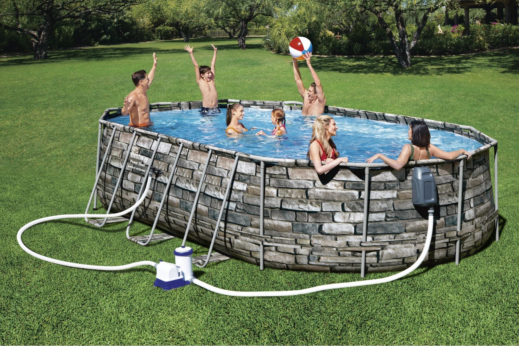 20ft x 48in Stone Print Oval Power Steel Comfort Jet Above Ground Pool Set