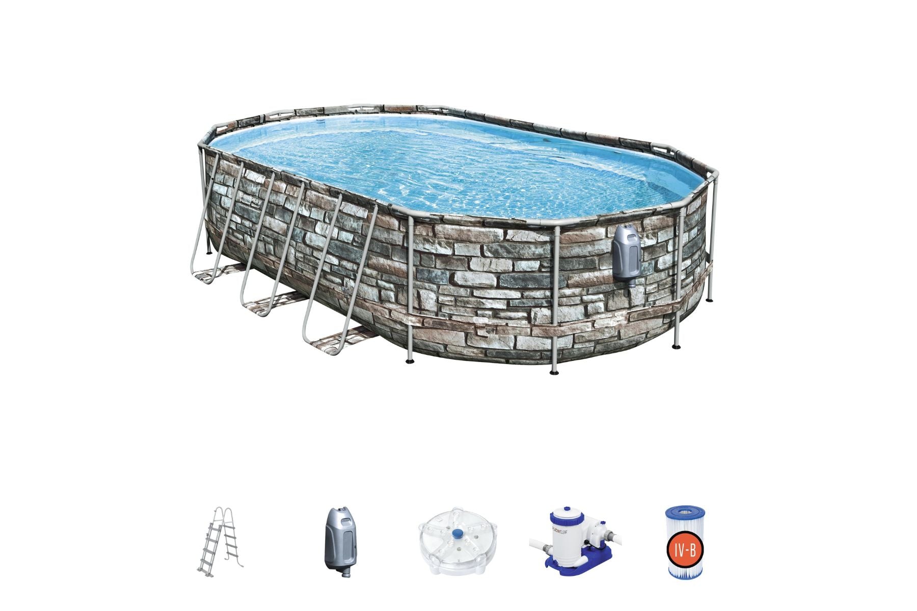 20ft x 48in Stone Print Oval Power Steel Comfort Jet Above Ground Pool Set