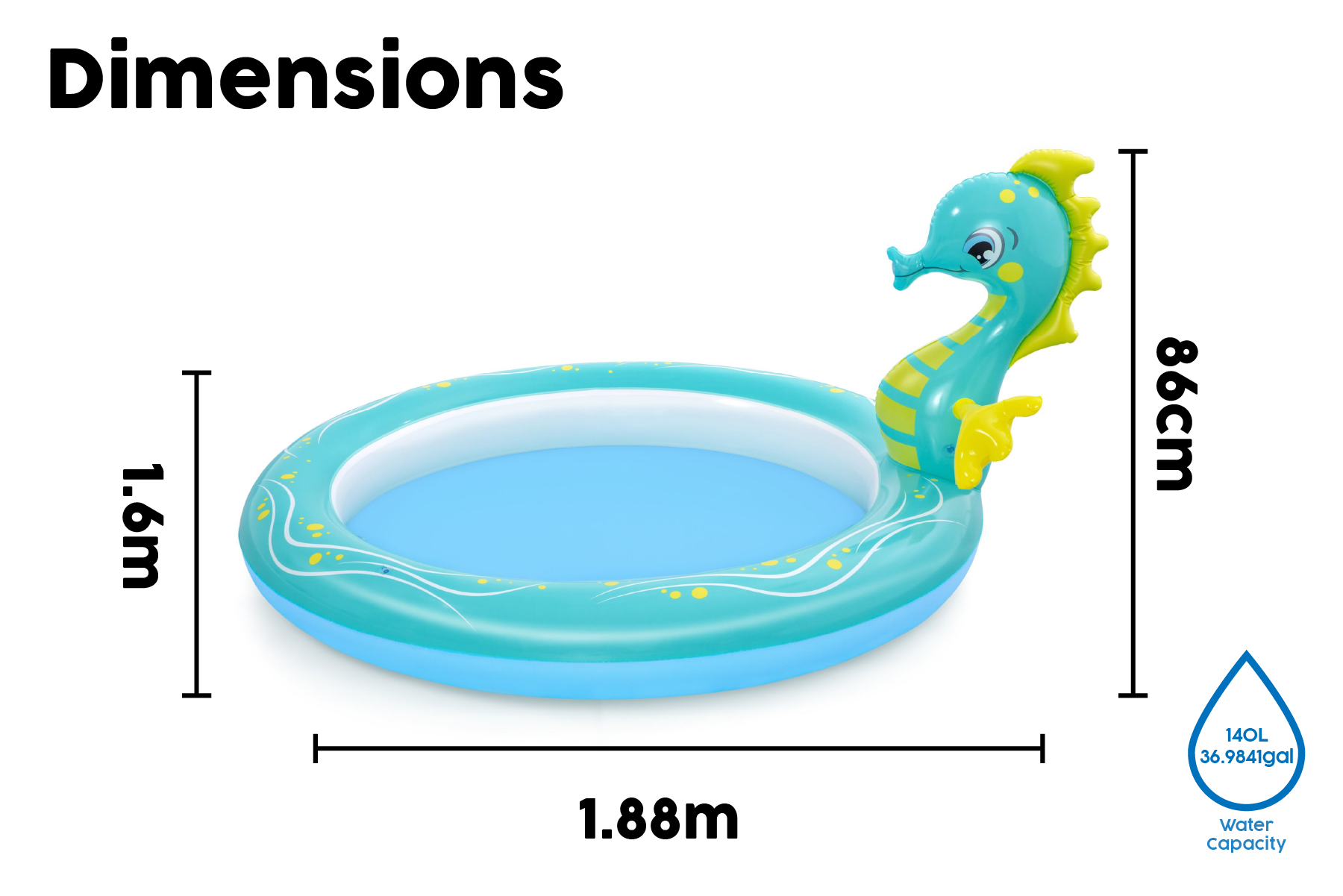 Seahorse Sprinkler Kids Inflatable Paddling Pool