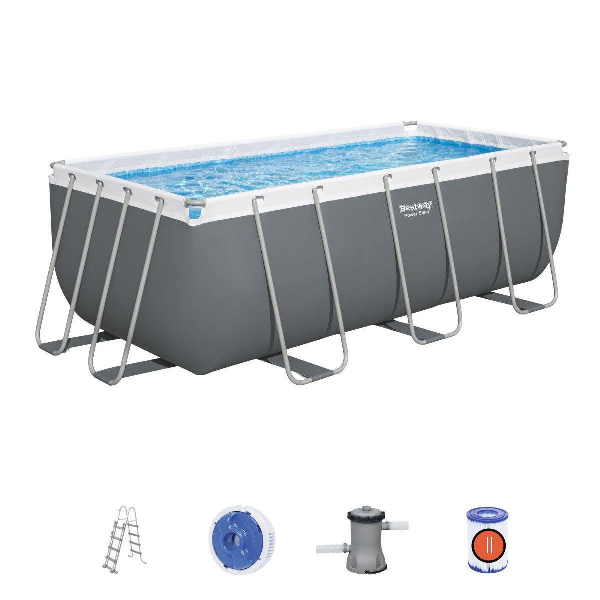 13.6ft x 48in Dark Grey Rectangle Power Steel Above Ground Pool Set - Outlet